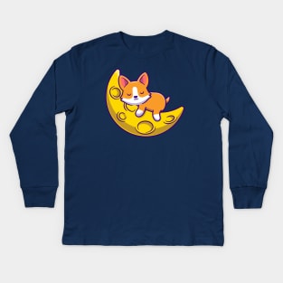 Cute Corgi Dog Sleeping On The Moon Cartoon Kids Long Sleeve T-Shirt